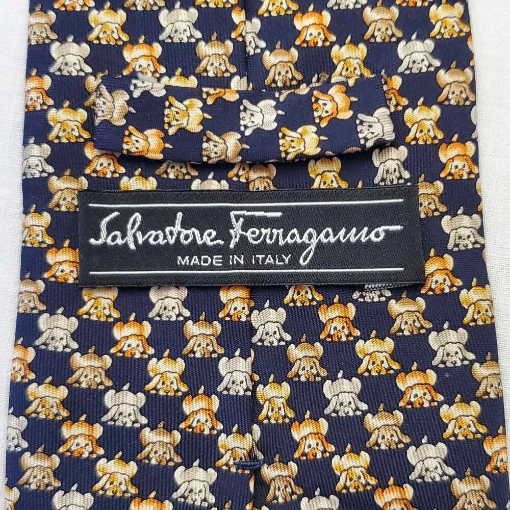 Salvatore Ferragamo Mens Puppy Dogs Puppies Navy 100% Silk Neck Tie Made Italy